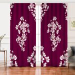 Realhomes Bordo Zemin Üzerinde Beyaz Renkli Çiçek Desenli Dijital Baskılı Modern Salon Fon Perde Realhomes