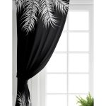 Realhomes Siyah Zemin Üzerinde Beyaz Yaprak Desenli Dijital Baskılı Modern Salon Fon Perde Realhomes