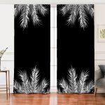 Realhomes Siyah Zemin Üzerinde Beyaz Yaprak Desenli Dijital Baskılı Modern Salon Fon Perde Realhomes