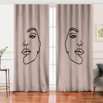 Realhomes Renkli Zemin Üzerinde Onedraw Çizimli Bayan Silüeti Dijital Baskılı Modern Salon Fon Perde Realhomes