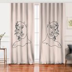 - Perde-8832-Gorsel - Realhomes Realhomes Renkli Zemin Üzerinde Onedraw Çizimli Bayan Silüeti Dijital Baskılı Modern Salon Fon Perde Realhomes