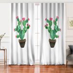 Realhomes Beyaz Zemin Üzerinde Kaktüs Desenli Dijital Baskılı Modern Salon Fon Perde Realhomes