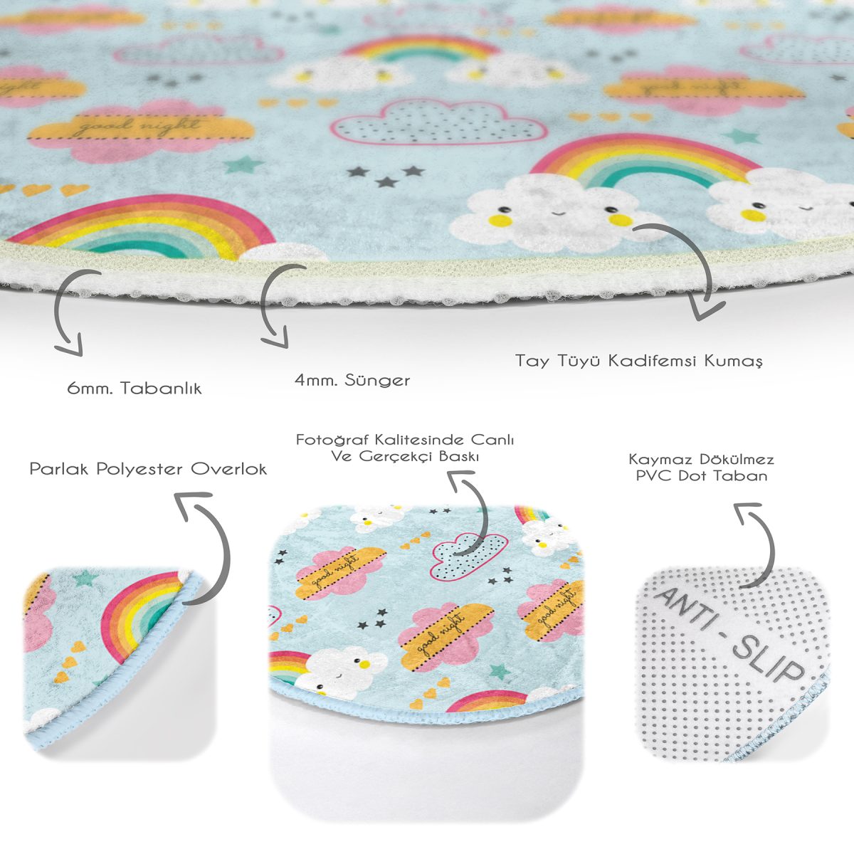 Realhomes Bulutlu Gökkuşağı Motifli Çocuk Odası Yıkanabilir Kaymaz Tabanlı Yuvarlak Kadife Halı Realhomes