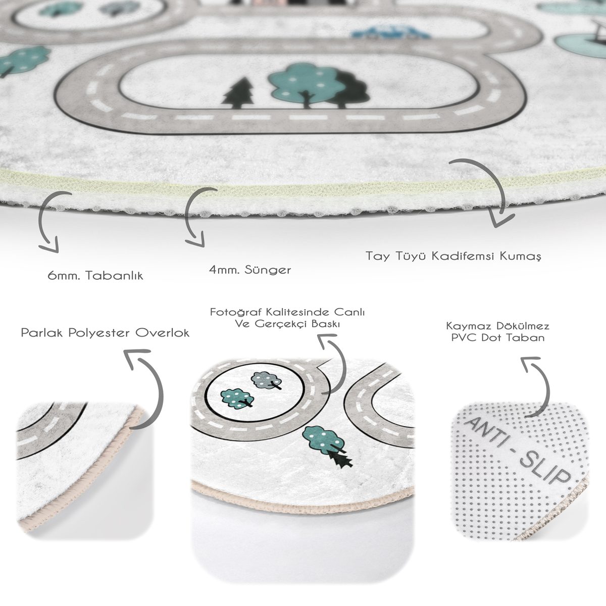 Araba Yollu Eğitici Tasarım Çocuk & Genç Odası Makinede Yıkanabilir Kaymaz Tabanlı Yuvarlak Çocuk Oyun Halısı Realhomes