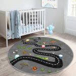 Gri Zemin Konumlu Eğitici Oyun Motifli Çocuk & Genç Odası Makinede Yıkanabilir Kaymaz Tabanlı Yuvarlak Çocuk Oyun Halısı Realhomes