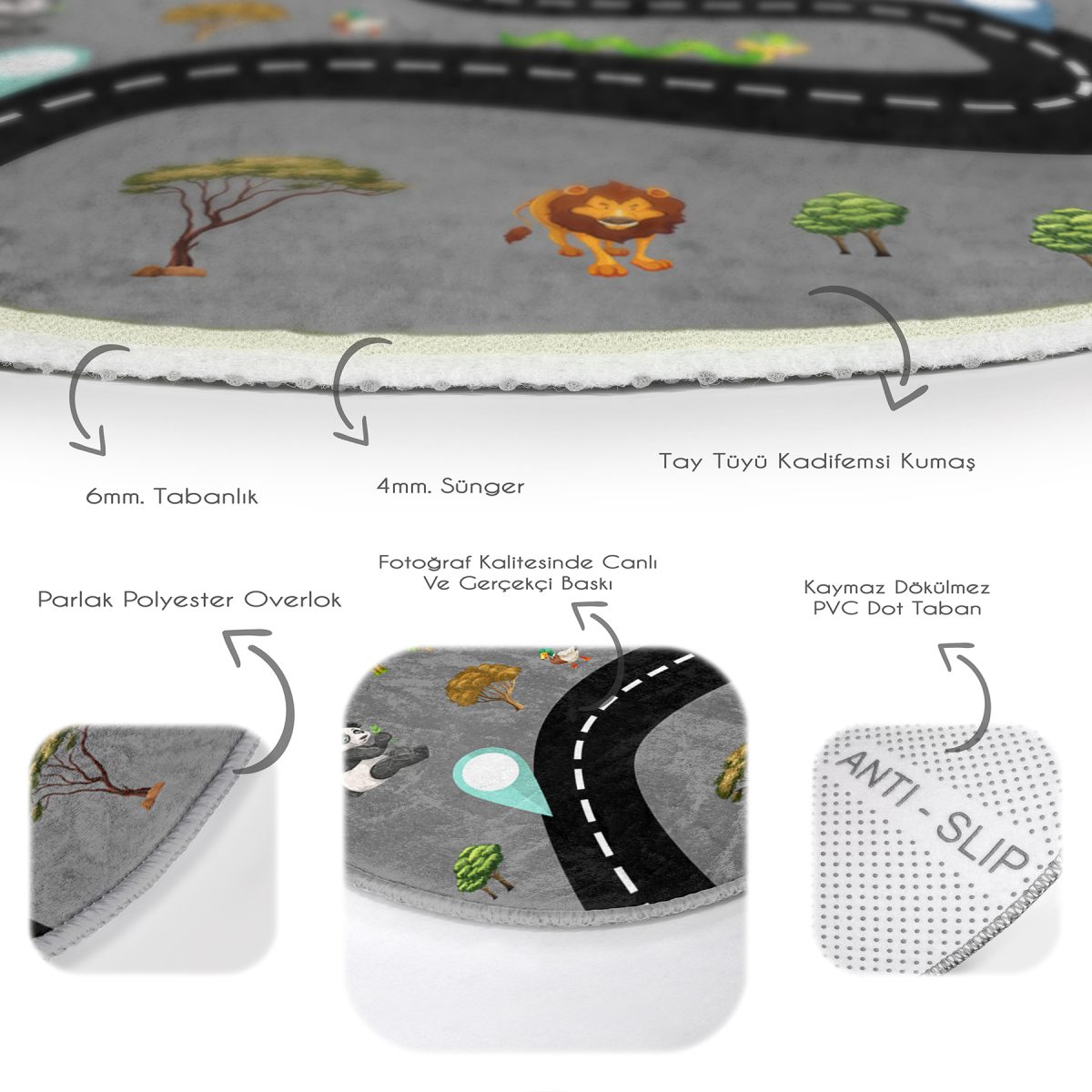 Gri Zemin Konumlu Eğitici Oyun Motifli Çocuk & Genç Odası Makinede Yıkanabilir Kaymaz Tabanlı Yuvarlak Çocuk Oyun Halısı Realhomes