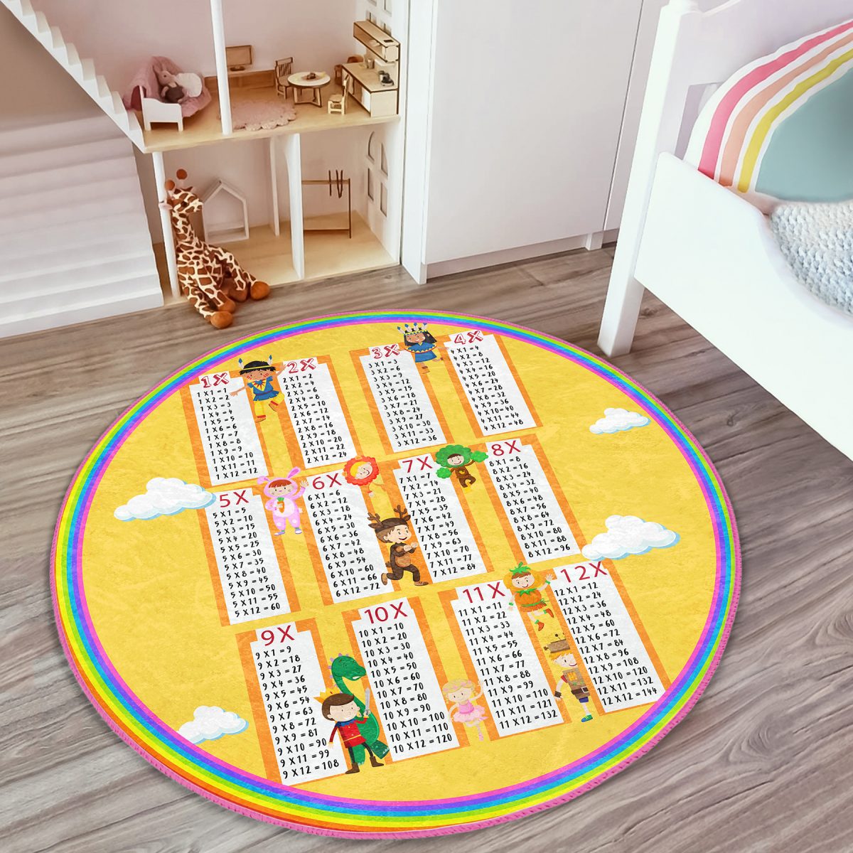 Renkli Eğlenceli Eğitici Çarpım Tablosu Motifli Çocuk & Genç Odası Makinede Yıkanabilir Kaymaz Tabanlı Yuvarlak Çocuk Oyun Halısı Realhomes