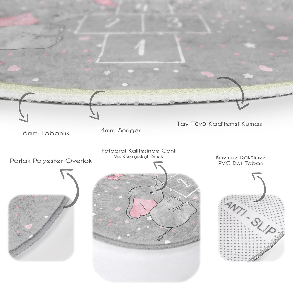 Gri Zemin Fil Motifli Seksek Oyun Temalı Çocuk & Genç Odası Makinede Yıkanabilir Kaymaz Tabanlı Yuvarlak Çocuk Oyun Halısı Realhomes