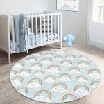 Sevimli Bulutlar Ve Gökkuşağı Motifli Çocuk & Genç Odası Makinede Yıkanabilir Kaymaz Tabanlı Yuvarlak Çocuk Halısı Realhomes