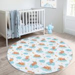 Bulut Üstünde Sevimli Ayıcıklar Çocuk & Genç Odası Makinede Yıkanabilir Kaymaz Tabanlı Yuvarlak Çocuk Halısı Realhomes