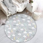 - RealHomes Dijital Baskılı Kaymaz Tabanlı Comfort Çocuk Odası Yuvarlak Halı - Realhomes  Gri Zeminde Gökkuşağı Ve Bulutlar Çocuk & Genç Odası Makinede Yıkanabilir Kaymaz Tabanlı Yuvarlak Çocuk Halısı Realhomes