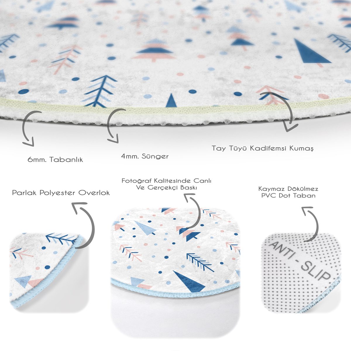 Puanlı Zeminde Ağaç Desenli Çocuk & Genç Odası Makinede Yıkanabilir Kaymaz Tabanlı Yuvarlak Çocuk Halısı Realhomes