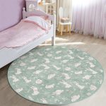 - RealHomes Dijital Baskılı Kaymaz Tabanlı Comfort Çocuk Odası Yuvarlak Halı - Realhomes  Yeşil Zeminde Sevimli Tavşan Desenli Çocuk & Genç Odası Makinede Yıkanabilir Kaymaz Tabanlı Yuvarlak Çocuk Halısı Realhomes
