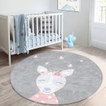 - RealHomes Dijital Baskılı Kaymaz Tabanlı Comfort Çocuk Odası Yuvarlak Halı - Realhomes  Gri Zemin Ceylan Ve Arı Temalı Çocuk & Genç Odası Makinede Yıkanabilir Kaymaz Tabanlı Yuvarlak Çocuk Halısı Realhomes