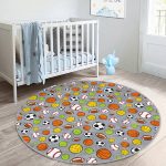 - RealHomes Dijital Baskılı Kaymaz Tabanlı Comfort Çocuk Odası Yuvarlak Halı - Realhomes  Gri Zeminde Spor Topları Çocuk & Genç Odası Makinede Yıkanabilir Kaymaz Tabanlı Yuvarlak Çocuk Halısı Realhomes