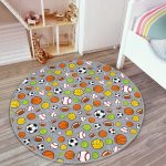 - RealHomes Dijital Baskılı Kaymaz Tabanlı Comfort Çocuk Odası Yuvarlak Halı - Realhomes  Gri Zeminde Spor Topları Çocuk & Genç Odası Makinede Yıkanabilir Kaymaz Tabanlı Yuvarlak Çocuk Halısı Realhomes