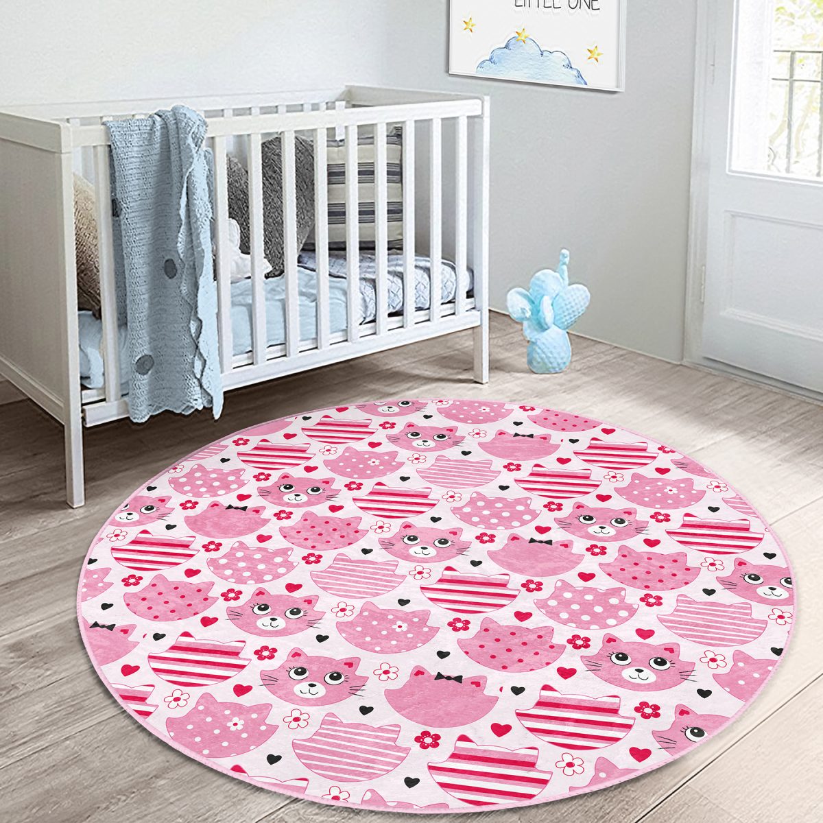 Pembe Kedi Figürlü Baskılı Çocuk & Genç Odası Makinede Yıkanabilir Kaymaz Tabanlı Yuvarlak Çocuk Halısı Realhomes