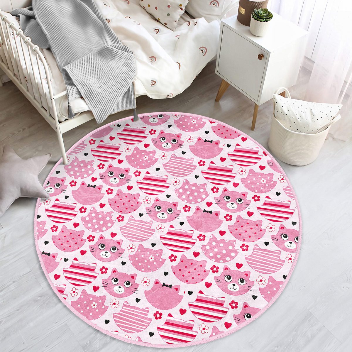 Pembe Kedi Figürlü Baskılı Çocuk & Genç Odası Makinede Yıkanabilir Kaymaz Tabanlı Yuvarlak Çocuk Halısı Realhomes