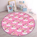 Gökkuşağı Ve Unicorn Motifli Çocuk & Genç Odası Makinede Yıkanabilir Kaymaz Tabanlı Yuvarlak Çocuk Halısı Realhomes