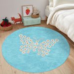 - RealHomes Dijital Baskılı Kaymaz Tabanlı Comfort Çocuk Odası Yuvarlak Halı - Realhomes  Mavi Zemin Papatyadan Kelebek Tasarımlı Çocuk & Genç Odası Makinede Yıkanabilir Kaymaz Tabanlı Yuvarlak Çocuk Halısı Realhomes