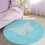 - RealHomes Dijital Baskılı Kaymaz Tabanlı Comfort Çocuk Odası Yuvarlak Halı - Realhomes  Mavi Zemin Papatyadan Kelebek Tasarımlı Çocuk & Genç Odası Makinede Yıkanabilir Kaymaz Tabanlı Yuvarlak Çocuk Halısı Realhomes