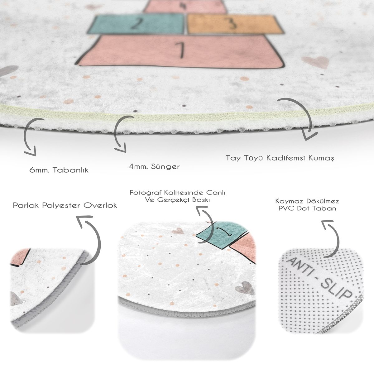 Renkli Seksek Temalı Eğitici Oyun Çizimli Çocuk & Genç Odası Makinede Yıkanabilir Kaymaz Tabanlı Yuvarlak Çocuk Oyun Halısı Realhomes