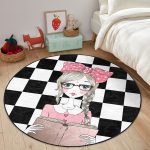 - RealHomes Dijital Baskılı Kaymaz Tabanlı Comfort Çocuk Odası Yuvarlak Halı - Realhomes  Dama Zeminli Kitap Okuyan Kız Tasarımlı Çocuk & Genç Odası Makinede Yıkanabilir Kaymaz Tabanlı Yuvarlak Çocuk Halısı Realhomes