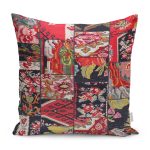 - K11066-Gorsel - Realhomes RealHomes Siyah - Kırmızı Zeminde Patchwork Motifli Kanaviçe Desenli Dijital Baskılı Yastık Kırlent Kılıfı Realhomes