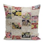 - K11079-Gorsel - Realhomes  RealHomes Krem Zeminde Patchwork Motifli Örme Desenli Dijital Baskılı Yastık Kırlent Kılıfı Realhomes