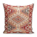 - K11162-Gorsel - Realhomes RealHomes Kırmızı Zeminde Etnik Motifli Kilim Desenli Dijital Baskılı Yastık Kırlent Kılıfı Realhomes