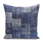 - K11167-Gorsel - Realhomes RealHomes Mavi Zeminde Patchwork Motifli Retro Desenli Dijital Baskılı Yastık Kırlent Kılıfı Realhomes