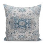 RealHomes Krem - Mavi Zeminde Göbekli Halı Motifli Dokuma Desenli Dijital Baskılı Yastık Kırlent Kılıfı Realhomes