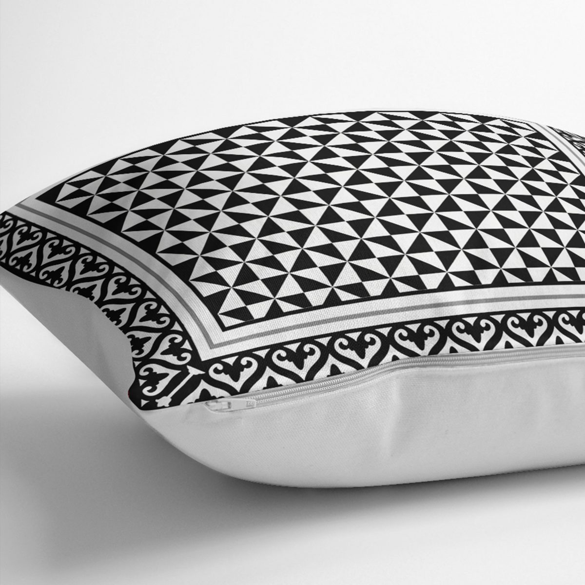 RealHomes Siyah - Beyaz Zeminde Çerçeveli Motifli Geometrik Desenli Dijital Baskılı Yastık Kırlent Kılıfı Realhomes