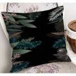 - K11199-Gorsel-1 - Realhomes RealHomes Siyah Zeminde Çiçek Motifli Yapraklar Desenli Dijital Baskılı Yastık Kırlent Kılıfı Realhomes