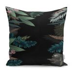 - K11199-Gorsel - Realhomes RealHomes Siyah Zeminde Çiçek Motifli Yapraklar Desenli Dijital Baskılı Yastık Kırlent Kılıfı Realhomes