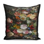 - K11200-Gorsel - Realhomes RealHomes Siyah Zeminde Çiçek Motifli Yapraklar Desenli Dijital Baskılı Yastık Kırlent Kılıfı Realhomes