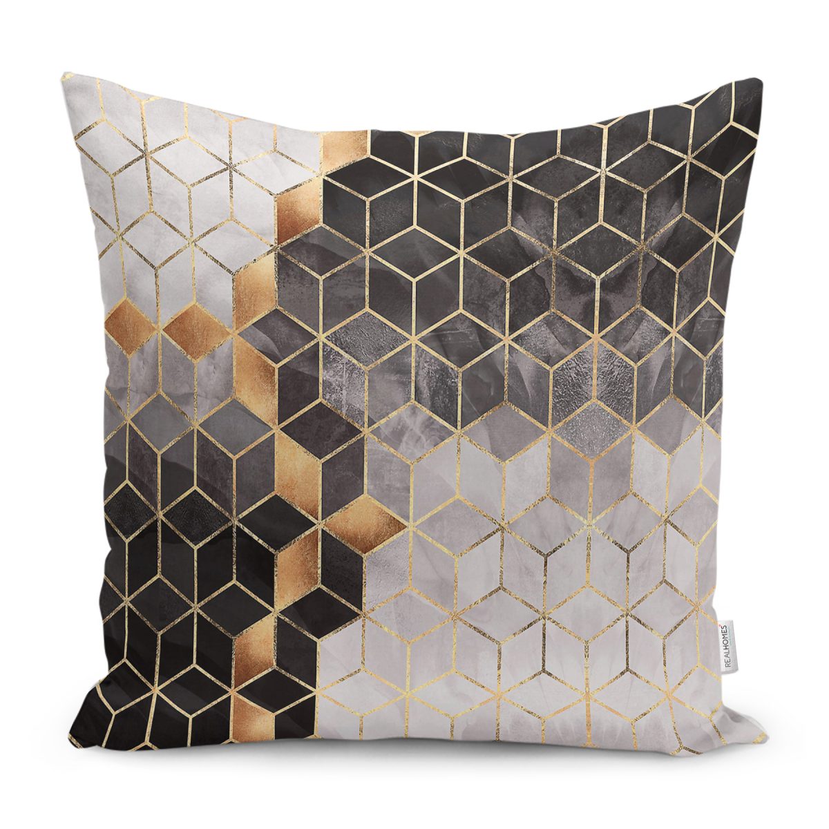 RealHomes Siyah - Gold Zeminde Geometrik Motifli Mozaik Desenli Dijital Baskılı Yastık Kırlent Kılıfı Realhomes