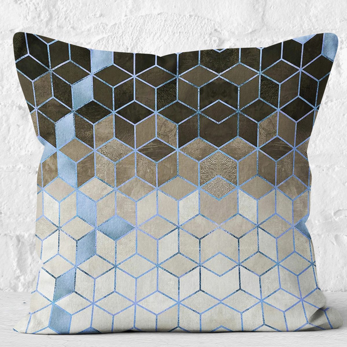 RealHomes Siyah - Mavi Zeminde Geometrik Motifli Mozaik Desenli Dijital Baskılı Yastık Kırlent Kılıfı Realhomes