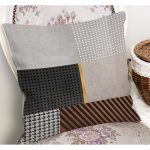- K11247-Gorsel-1 - Realhomes RealHomes Gri Zeminde Geometrik Motifli Kazayağı Desenli Dijital Baskılı Yastık Kırlent Kılıfı Realhomes