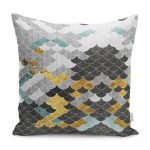 - K11264-Gorsel - Realhomes RealHomes Gold - Mavi Zeminde Pul Motifli Geometrik Desenli Dijital Baskılı Yastık Kırlent Kılıfı Realhomes