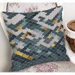 RealHomes Gold - Mavi Zeminde Pul Motifli Geometrik Desenli Dijital Baskılı Yastık Kırlent Kılıfı Realhomes