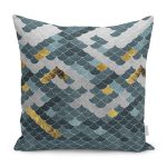RealHomes Gold - Mavi Zeminde Pul Motifli Geometrik Desenli Dijital Baskılı Yastık Kırlent Kılıfı Realhomes