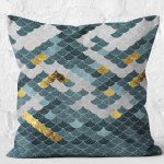 RealHomes Gold - Mavi Zeminde Pul Motifli Geometrik Desenli Dijital Baskılı Yastık Kırlent Kılıfı Realhomes