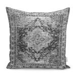 - K11297-Gorsel - Realhomes RealHomes Gri Zeminde Yöresel Motifli Eskitme Desenli Dijital Baskılı Yastık Kırlent Kılıfı Realhomes