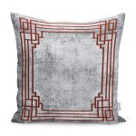 - K11397-Gorsel - Realhomes RealHomes Gri Zeminde Çerçeveli Motifli Eskitme Desenli Dijital Baskılı Yastık Kırlent Kılıfı Realhomes