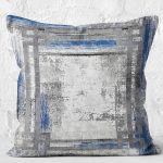 RealHomes Mavi - Gri Zeminde Çerçeveli Motifli Eskitme Desenli Dijital Baskılı Yastık Kırlent Kılıfı Realhomes