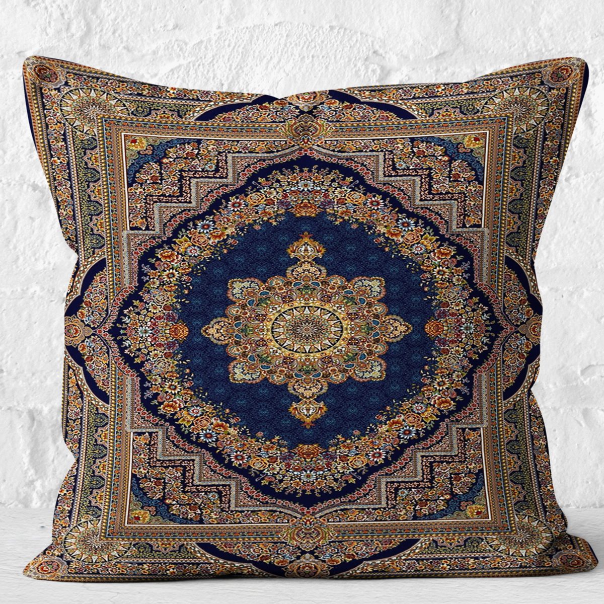 RealHomes Lacivert Zeminde Osmanlı Motifli Kilim Desenli Dijital Baskılı Yastık Kırlent Kılıfı Realhomes