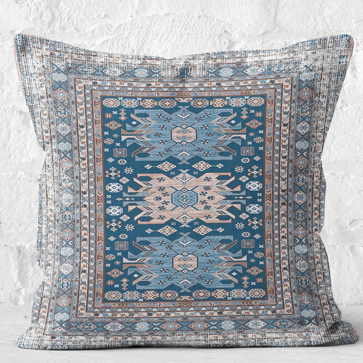 RealHomes Mavi Zeminde Kilim Motifli Hereke Desenli Dijital Baskılı Yastık Kırlent Kılıfı Realhomes