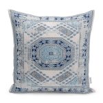 RealHomes Mavi Zeminde Dokuma Halı Motifli Geleneksel Desenli Dijital Baskılı Yastık Kırlent Kılıfı Realhomes