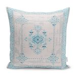 RealHomes Gri - Mavi Zeminde Retro Motifli Kilim Desenli Dijital Baskılı Yastık Kırlent Kılıfı Realhomes